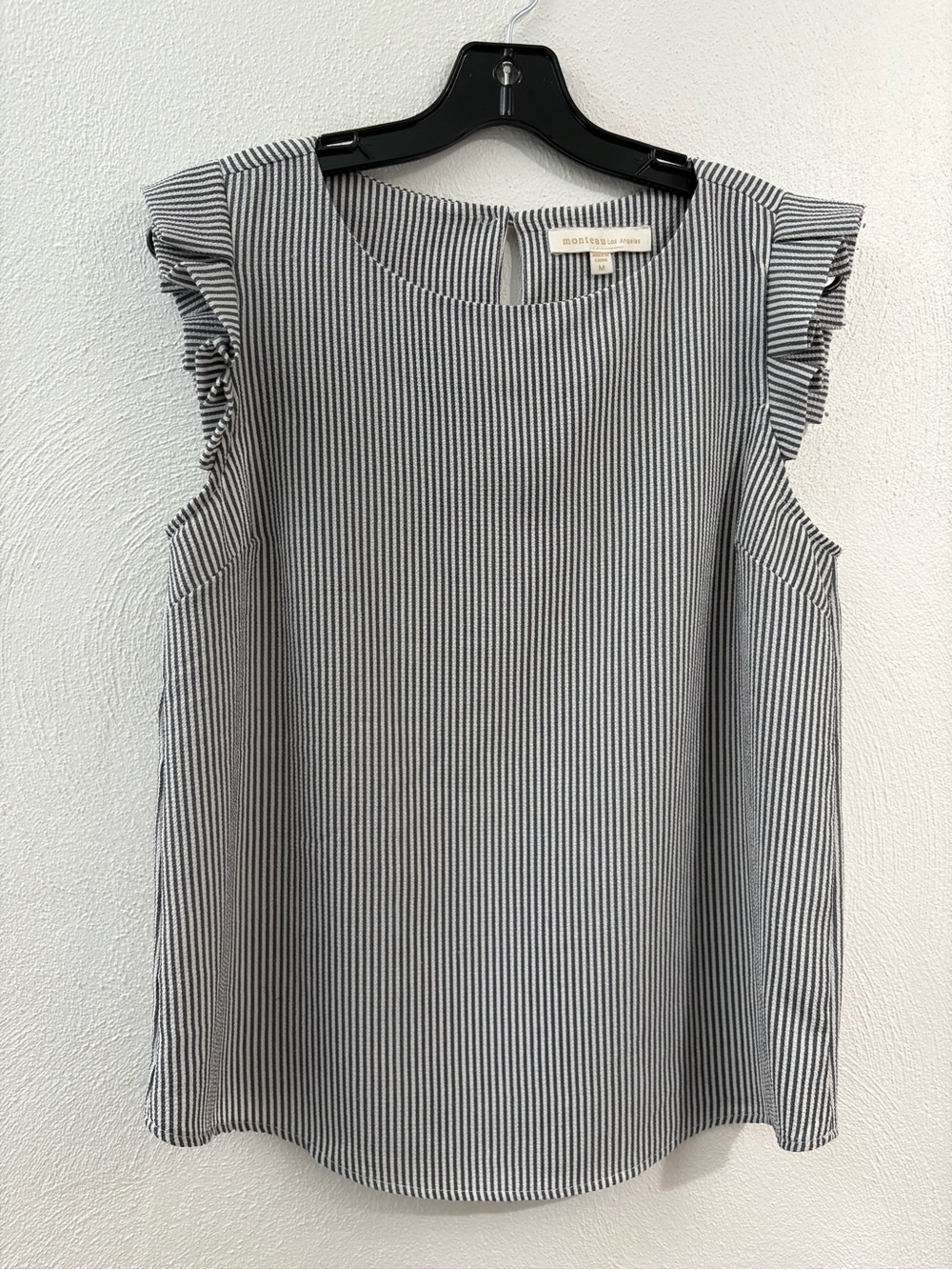Monteau Los Angeles Black & White Pinstripe Ruffle Cap-Sleeve Shell
